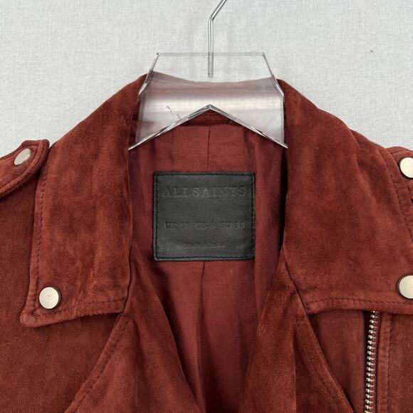ALLSAINTS Plait Balfern Suede Biker Jacket Womens 6 Burgundy Maroon Moto Zip - Picture 12 of 16